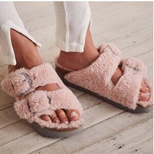 Papillio by Birkenstock Arizona Big Buckle Shearling Teddy Sandals Crystal Rose